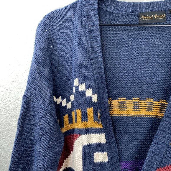 Michael Gerald Sweater Cardigan Men Blue Sz L Aztec Oversized Grunge Grandpa VTG - Picture 5 of 10